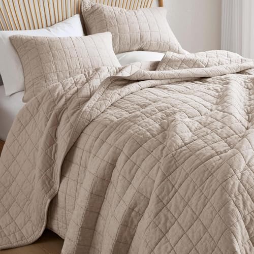Hyde Lane Linen Quilt Set Queen Size - Breathable Box Stitched European Flax Bedding Set for Bedspread and Coverlet, with 2 Pillow Shams, 90"x96", Linen - Image 1