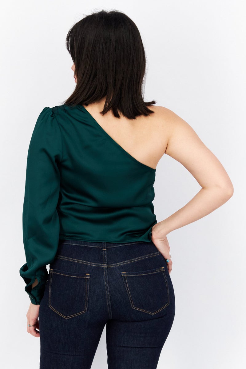 NA-KD Women Asymmetric Neckline One Shoulder Shirred Top, Emerald Green - Image 2