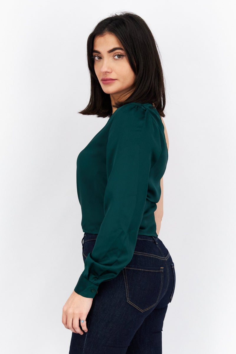 NA-KD Women Asymmetric Neckline One Shoulder Shirred Top, Emerald Green - Image 4