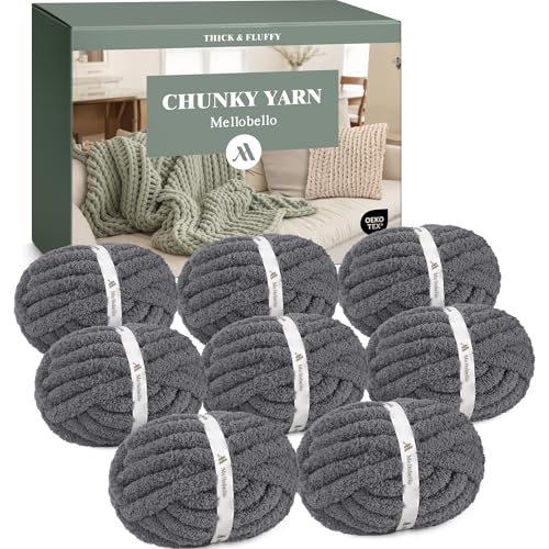 mellobello Jumbo Chunky Yarn for Hand Knitting - Super Thick Chenille Chunky Yarn for Crocheting - Extra Soft Bulky Fluffy Blanket Big Yarn 8 Jumbo Pack (27yds,8 oz Each Skein) Charcoal Grey - Image 1