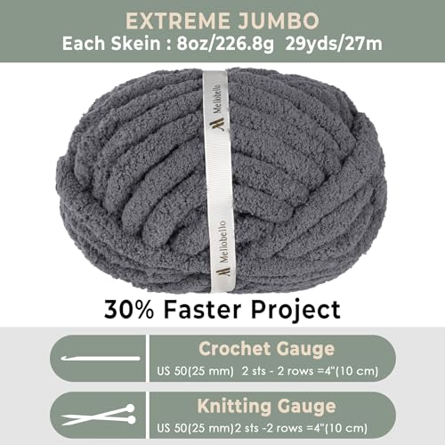 mellobello Jumbo Chunky Yarn for Hand Knitting - Super Thick Chenille Chunky Yarn for Crocheting - Extra Soft Bulky Fluffy Blanket Big Yarn 8 Jumbo Pack (27yds,8 oz Each Skein) Charcoal Grey - Image 4