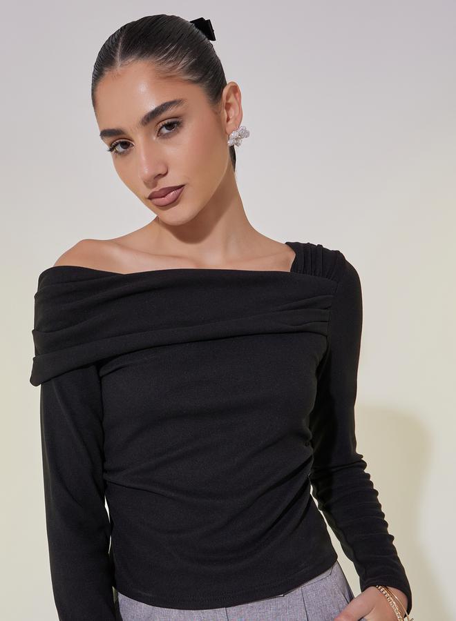 Take Two Draped Asymmetric Neck Crop Knit Top - Image 1
