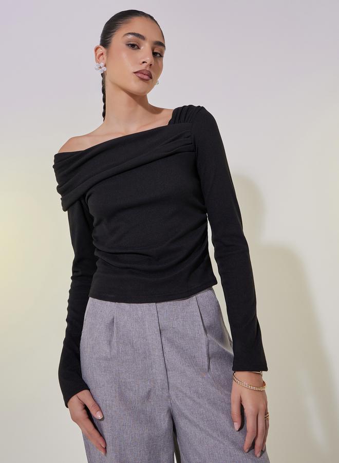 Take Two Draped Asymmetric Neck Crop Knit Top - Image 2