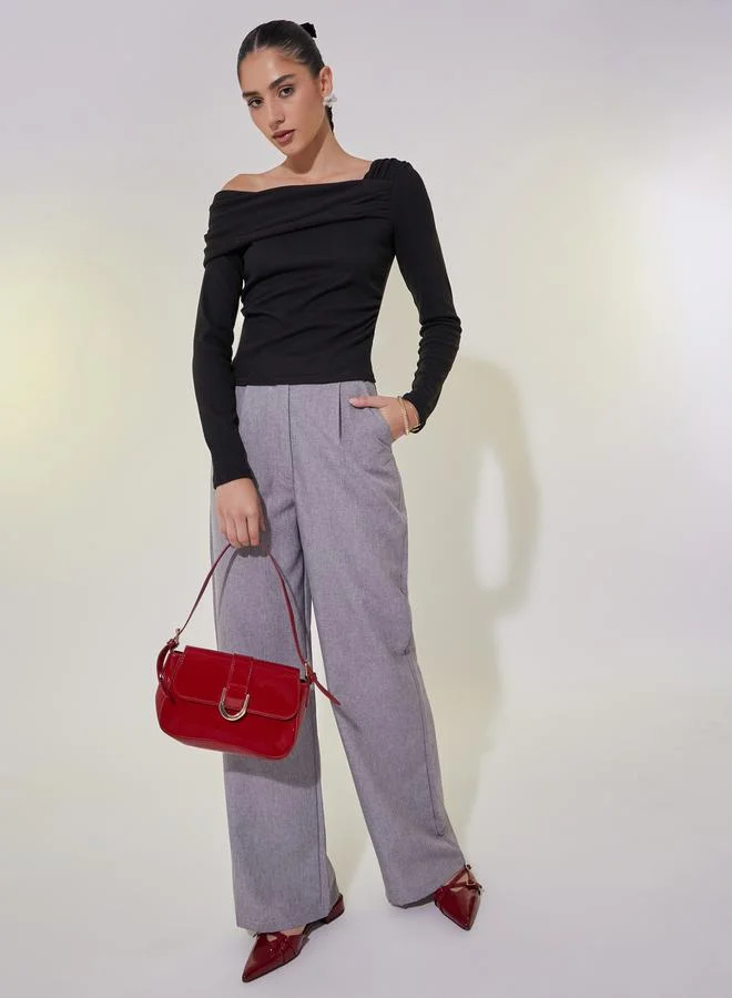 Take Two Draped Asymmetric Neck Crop Knit Top