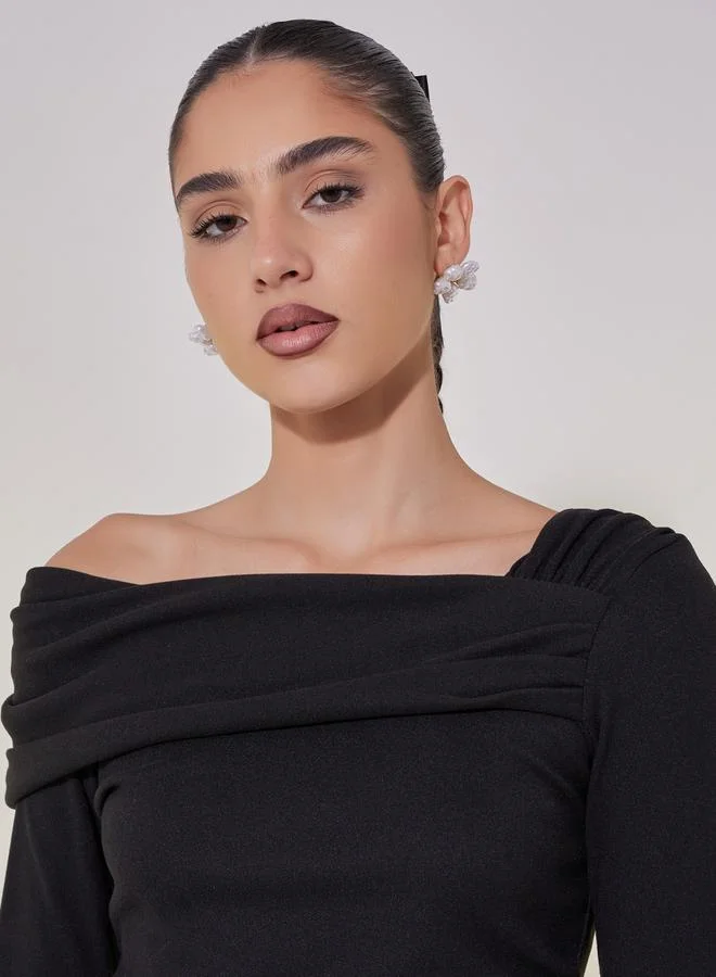 Take Two Draped Asymmetric Neck Crop Knit Top