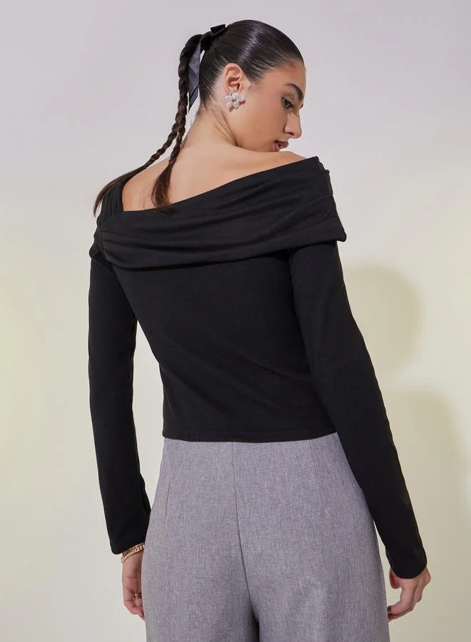 Take Two Draped Asymmetric Neck Crop Knit Top