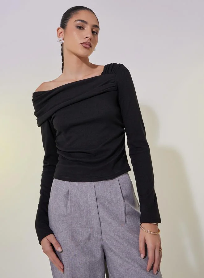Take Two Draped Asymmetric Neck Crop Knit Top