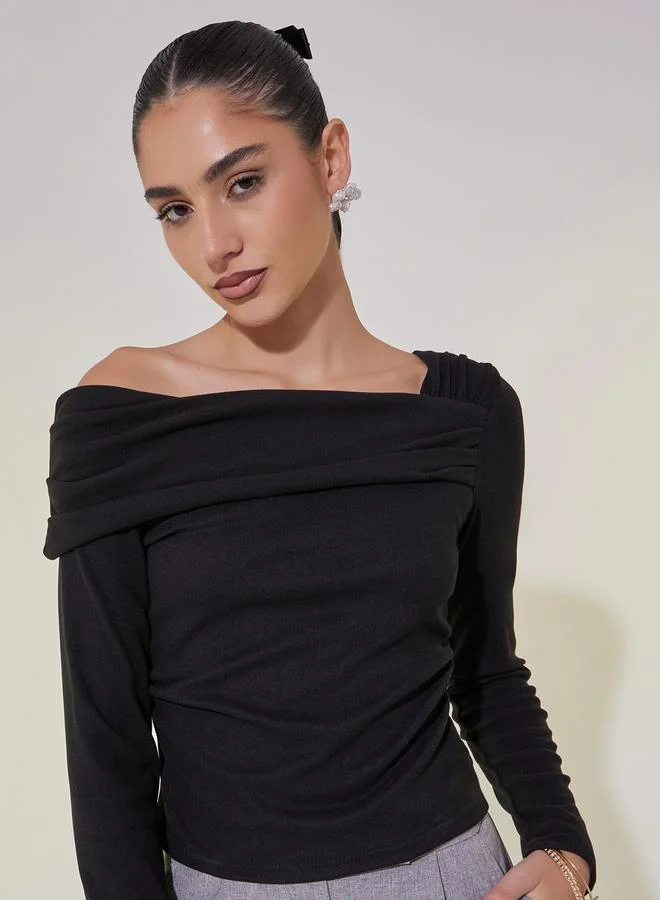 Take Two Draped Asymmetric Neck Crop Knit Top