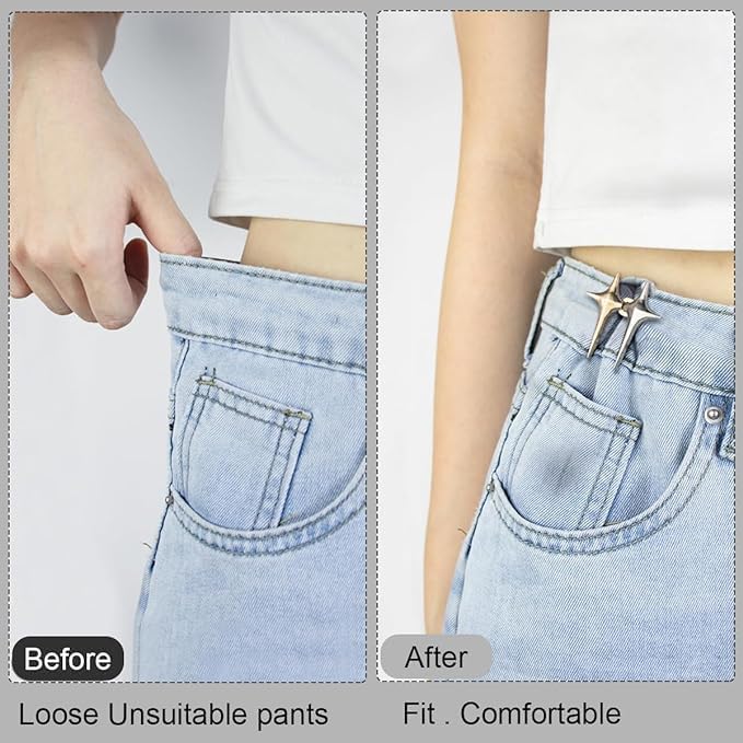 DRUCILA Set of 2 Adjustable Waist Buckle for Loose Jeans Pants, Detachable Instant Jeans Button Pins Waist Tightener Set, Make The Waist Fit for Skirt Pants Robe, No Sewing Required. (Silver Star) - Image 2