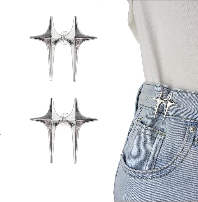 DRUCILA Set of 2 Adjustable Waist Buckle for Loose Jeans Pants, Detachable Instant Jeans Button Pins Waist Tightener Set, Make The Waist Fit for Skirt Pants Robe, No Sewing Required. (Silver Star) - Image 1