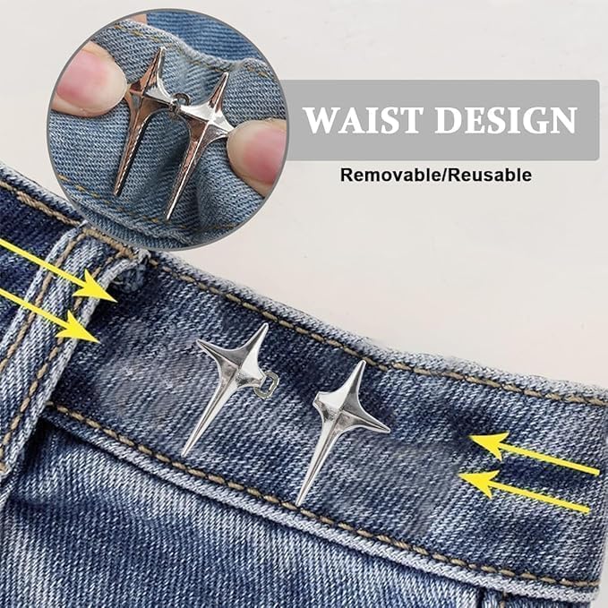 DRUCILA Set of 2 Adjustable Waist Buckle for Loose Jeans Pants, Detachable Instant Jeans Button Pins Waist Tightener Set, Make The Waist Fit for Skirt Pants Robe, No Sewing Required. (Silver Star) - Image 5