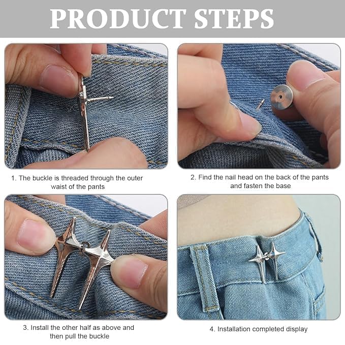 DRUCILA Set of 2 Adjustable Waist Buckle for Loose Jeans Pants, Detachable Instant Jeans Button Pins Waist Tightener Set, Make The Waist Fit for Skirt Pants Robe, No Sewing Required. (Silver Star) - Image 4