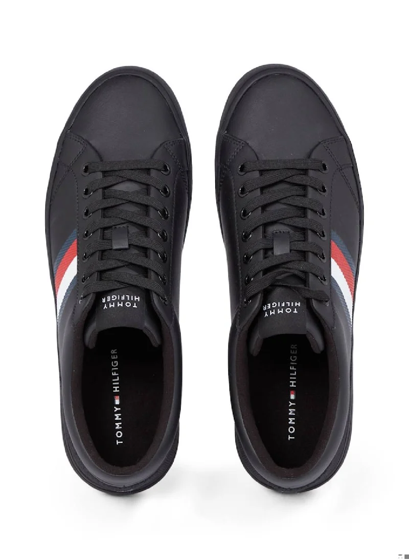 TOMMY HILFIGER Men's Leather Signature Tape Fine Cleat Sneakers - Leather, Black