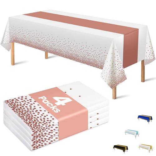 OHOME 4 Pack Disposable Plastic Table Cloths,White and Rose Gold Rectangle Table Covers for Birthday Valentines Decor Pink Sweet 16 Party Decorations - Baby Shower Decorations for Girl 54" x 108" - Image 1