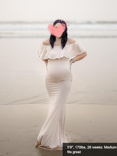 Glampunch Womens Off Shoulder Maternity Dress Ruffles Elegant Slim Gowns Fit Maxi Photography Dress Beige - Image 4