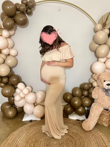 Glampunch Womens Off Shoulder Maternity Dress Ruffles Elegant Slim Gowns Fit Maxi Photography Dress Beige - Image 3