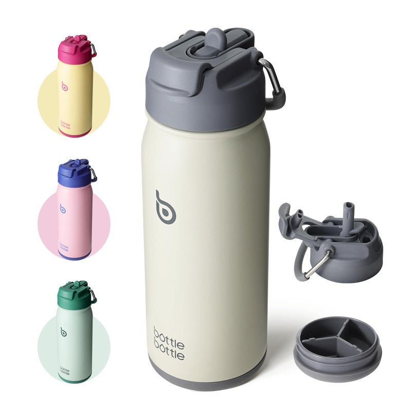 BOTTLE BOTTLE 16 oz sports water bottle stainless steel insulated kids water bottle with straw and pills holder for gifts and school gray