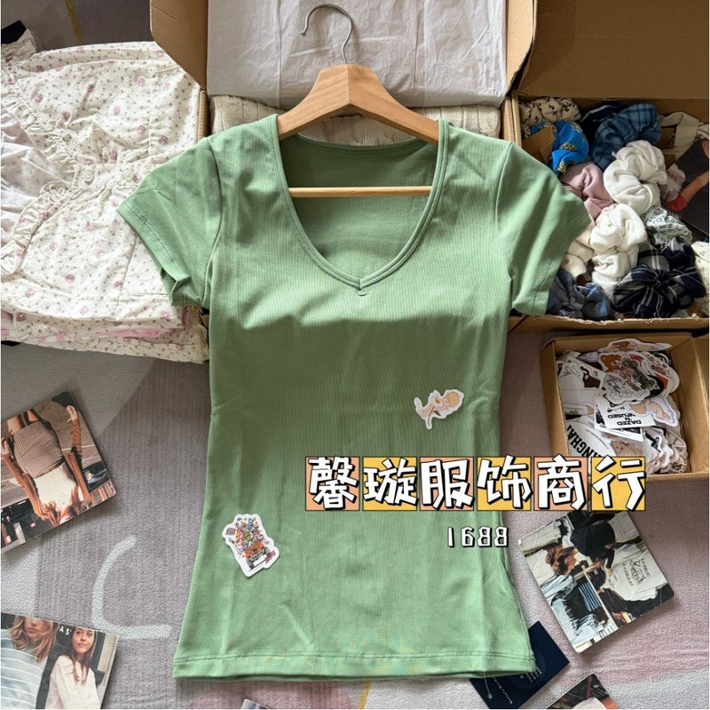 Bm Style Hot Girl Style Green V-Neck Short-Sleeved T-Shirt for Women Bm Pure Color Simple Slim Fit Versatile Top That Shows Off Your Complexion - Image 5