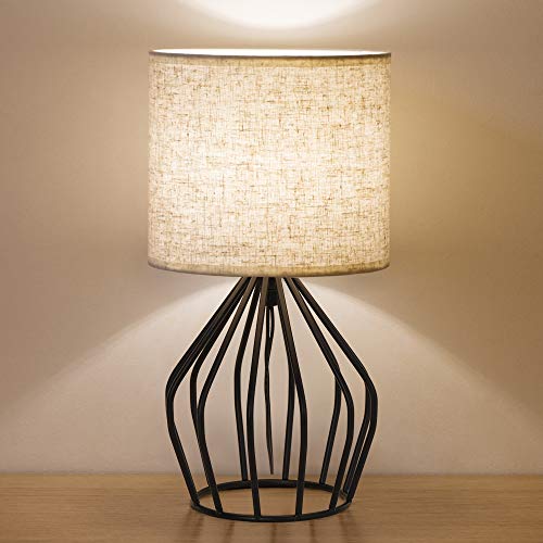 HAITRAL Black Modern Table Lamp - Minimalist Small Bedside Lamp with Hollowed Out Base Linen Fabric Shade, Vintage Nightstand Lamp for Bedroom Living Room Side Table Desk Kids Room - Image 1