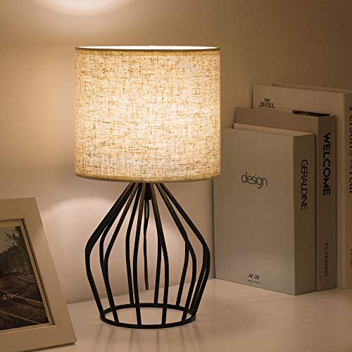 HAITRAL Black Modern Table Lamp - Minimalist Small Bedside Lamp with Hollowed Out Base Linen Fabric Shade, Vintage Nightstand Lamp for Bedroom Living Room Side Table Desk Kids Room - Image 2