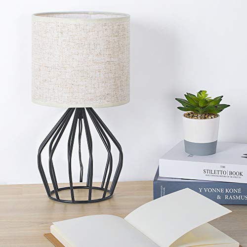 HAITRAL Black Modern Table Lamp - Minimalist Small Bedside Lamp with Hollowed Out Base Linen Fabric Shade, Vintage Nightstand Lamp for Bedroom Living Room Side Table Desk Kids Room - Image 5