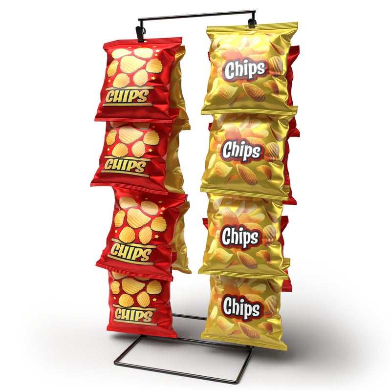 DS THE DISPLAY STORE حامل عرض رقائق البطاطس الأسود ذو صفين مع 26 مشبك عرض للبيع بالتجزئة لحامل أكياس الرقائق عرض للوجبات الخفيفة لعداد الحفلات حامل أكياس الرقائق عرض للوجبات الخفيفة للعداد