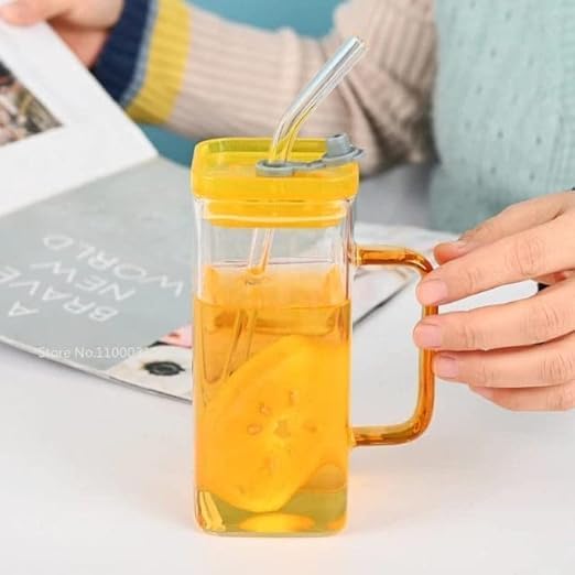 Lawei Lawei Random Color Glass Fruit Juice Soda Milk Sipper Tumbler Mug with Acrylic Lid and Glass Straw 400ml Tea and Coffee Cup set of 2 CC JAR  - Image 1