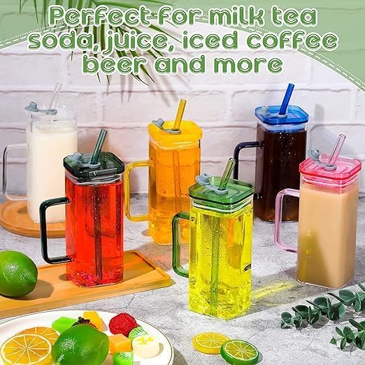 Lawei Lawei Random Color Glass Fruit Juice Soda Milk Sipper Tumbler Mug with Acrylic Lid and Glass Straw 400ml Tea and Coffee Cup set of 2 CC JAR  - Image 4