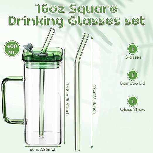 Lawei Lawei Random Color Glass Fruit Juice Soda Milk Sipper Tumbler Mug with Acrylic Lid and Glass Straw 400ml Tea and Coffee Cup set of 2 CC JAR  - Image 5