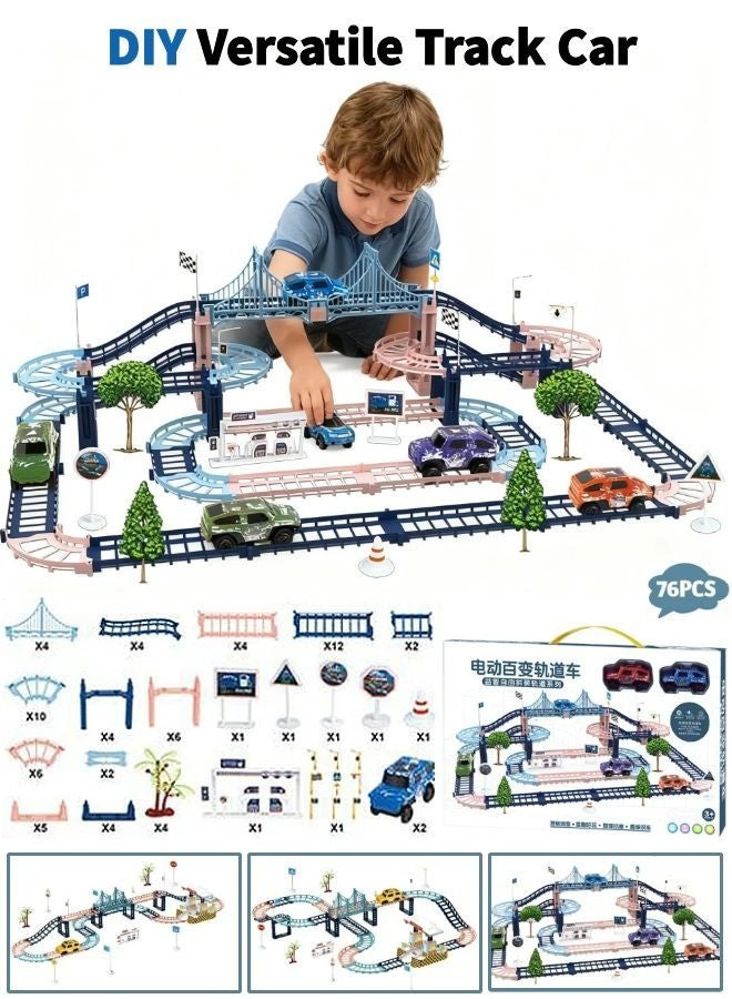 مجموعة من 76 قطعة من سيارات المسار الكهربائية متعددة الوظائف، مجموعة ألعاب سيارات المسار للأطفال، مجموعة ألعاب سيارات كهربائية للأطفال، مجموعة ألعاب المسار، لعبة تفاعلية بين الوالدين والطفل، سيارة مسار متعددة الوظائف، مناسبة كهدية للأطفال. - Image 1