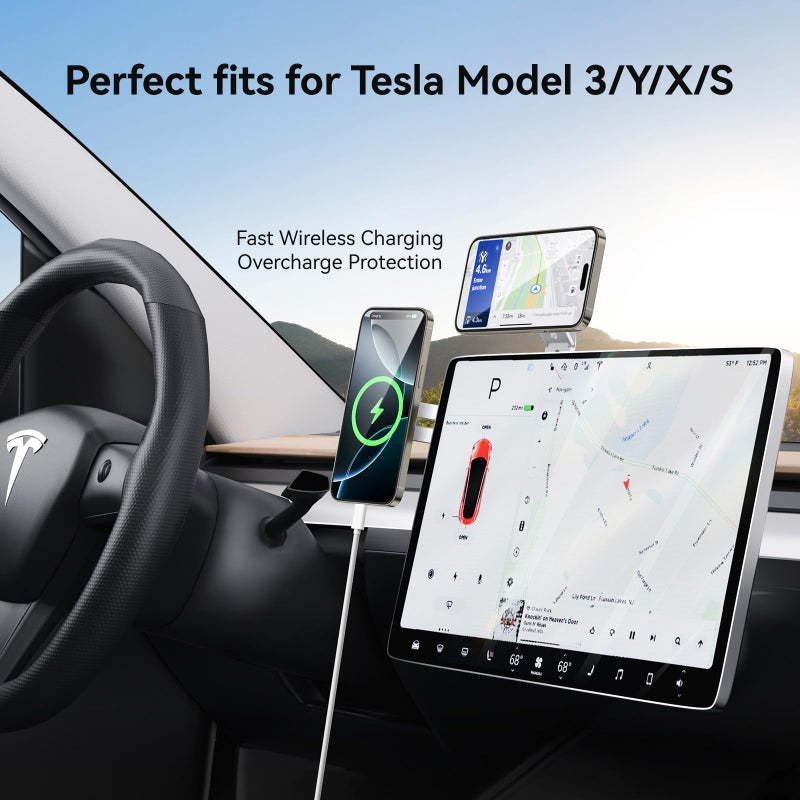 MAGDIGITEH Laptop Phone Holder, Magnetic Phone Stand 15W Fast Wireless Charger for MagSafe for iPhone 17/16/15/14/13/12 & All Phones for Tesla (Silver) - Image 3