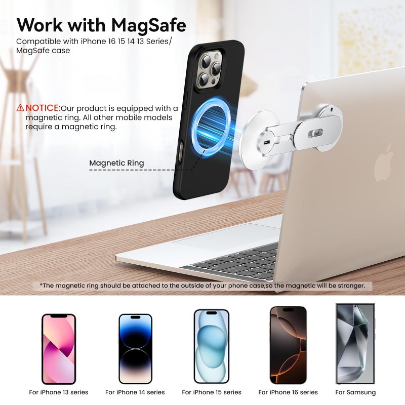 MAGDIGITEH Laptop Phone Holder, Magnetic Phone Stand 15W Fast Wireless Charger for MagSafe for iPhone 17/16/15/14/13/12 & All Phones for Tesla (Silver) - Image 5