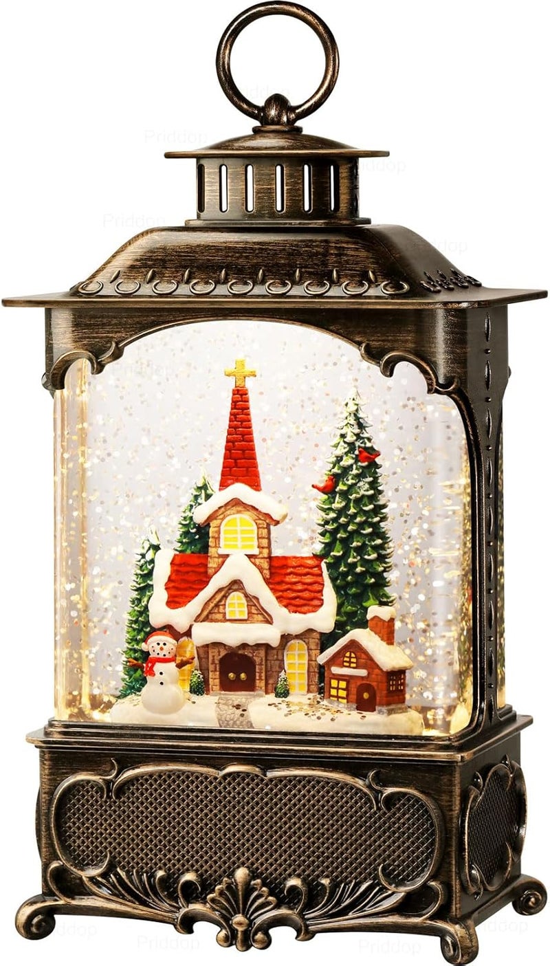 Priddop Church Snow Globe Christmas Decorations Gifts Snowman Cabin Cardinal Tree USB/Battery Timer Music Glitter Snowfall Lantern 10.2 inch - Image 1