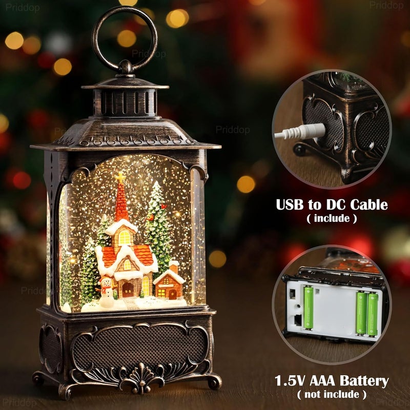 Priddop Church Snow Globe Christmas Decorations Gifts Snowman Cabin Cardinal Tree USB/Battery Timer Music Glitter Snowfall Lantern 10.2 inch - Image 3