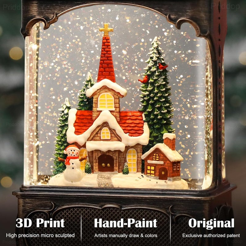 Priddop Church Snow Globe Christmas Decorations Gifts Snowman Cabin Cardinal Tree USB/Battery Timer Music Glitter Snowfall Lantern 10.2 inch - Image 2