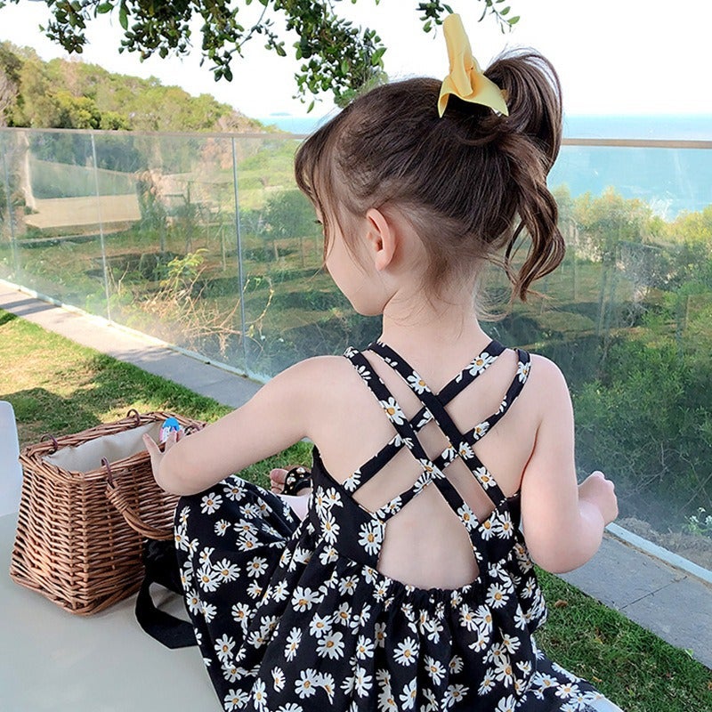 Girls Slip Skirt 2023 Summer New Childrens Dress Baby Backless Daisy Seaside Holiday Skirt Black