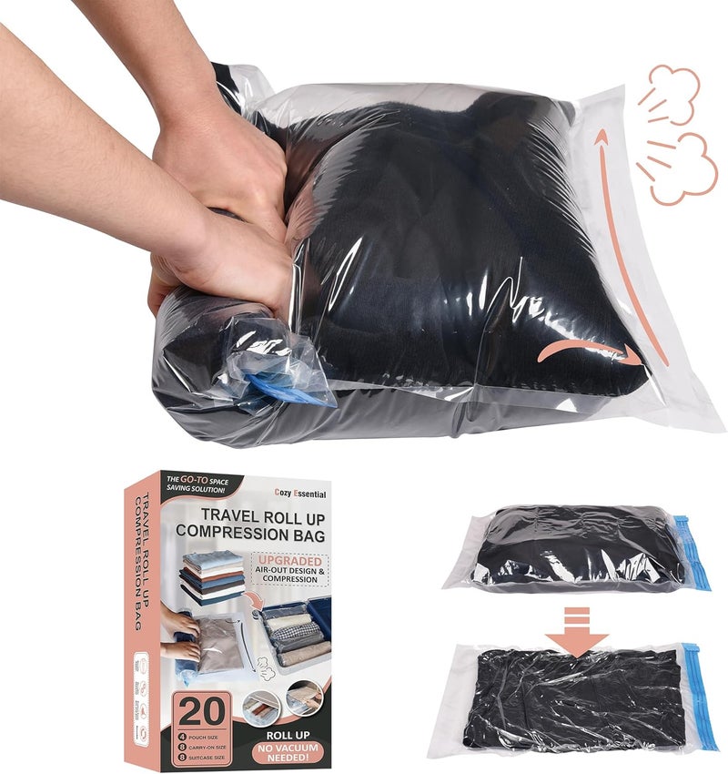 Cozy Essential 20 Travel Compression Bags, Hand Roll Up Travel Space Saver Bags for Luggage No Vacuum Needed, Cruise Ship Essentials (8 Large Roll/8 Medium Roll/4 Small Roll) - Image 1