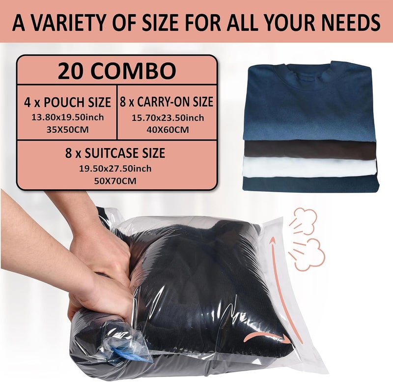 Cozy Essential 20 Travel Compression Bags, Hand Roll Up Travel Space Saver Bags for Luggage No Vacuum Needed, Cruise Ship Essentials (8 Large Roll/8 Medium Roll/4 Small Roll) - Image 3