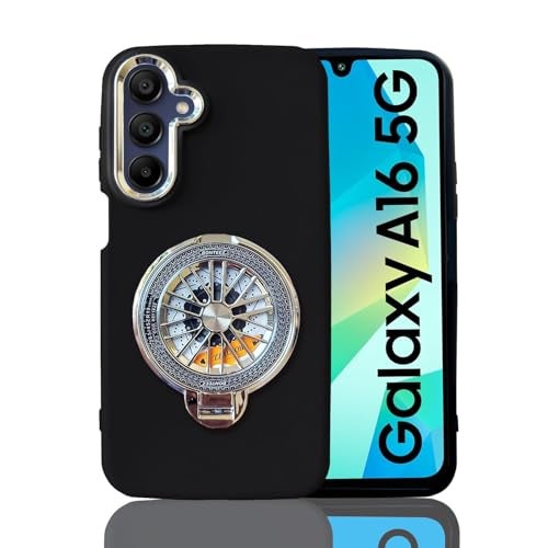 KC Back Cover for Samsung Galaxy A16 5G - Electroplated Crome Metal Ring Soft Silicone Silver Round Spinning Wheel Kickstand Holder Camera Protection Shockproof Bumper Case (Black) - Image 1