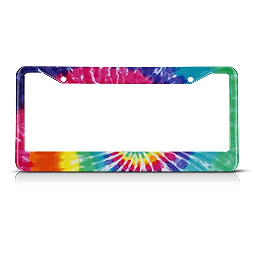 Beabes Tie Dye Colorful License Plate Frame Auto Tag Frames Graphic Design License Plates Holder 2 Holes Blue Green Red Decorative Car Truck Motorcycle License Plates Tag for Men Women - Image 1