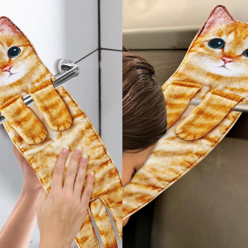 swabs® Hand Towels for Bathroom Kitchen Funny Cute Decorative Cat Decor Hanging Washcloths Face Towels Super Absorbent Soft- Housewarming Gift for Cat Lovers (Orange cat) - Image 3