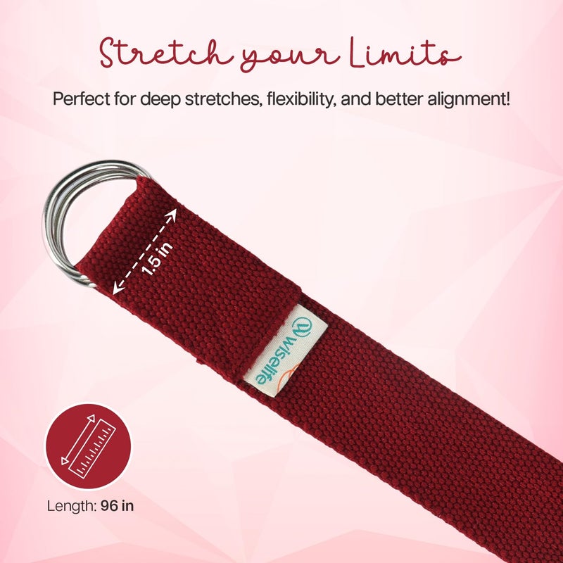 WISELIFE Yoga Belt for Women & Men Adjustable D-Ring Buckle Yoga Strap for Stretching, Durable & Comfortable Texture – Perfect for Yoga Sessions, Pilates, and Fitness – 8 Feet, Maroon - Image 2