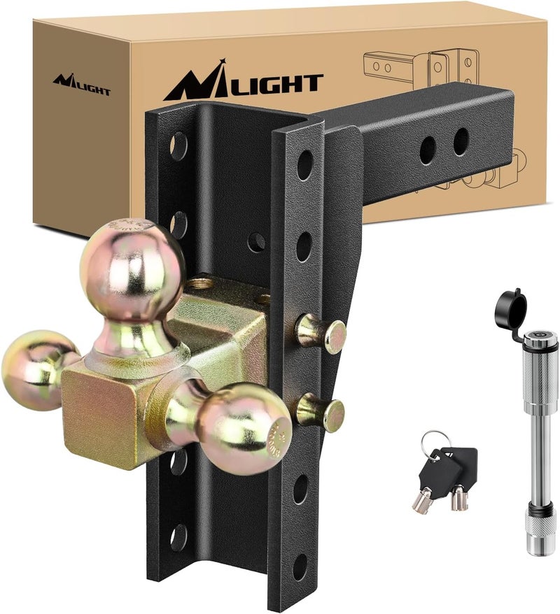 Nilight Adjustable Tri-Ball Trailer Hitch Mount 8 Inch Drop/Rise Hitch 1-7/8" 2" 2-5/16" Fits 2-Inch Receiver 15000lbs GTW for Heavy Duty Truck with Anti-Theft Pin - Image 1