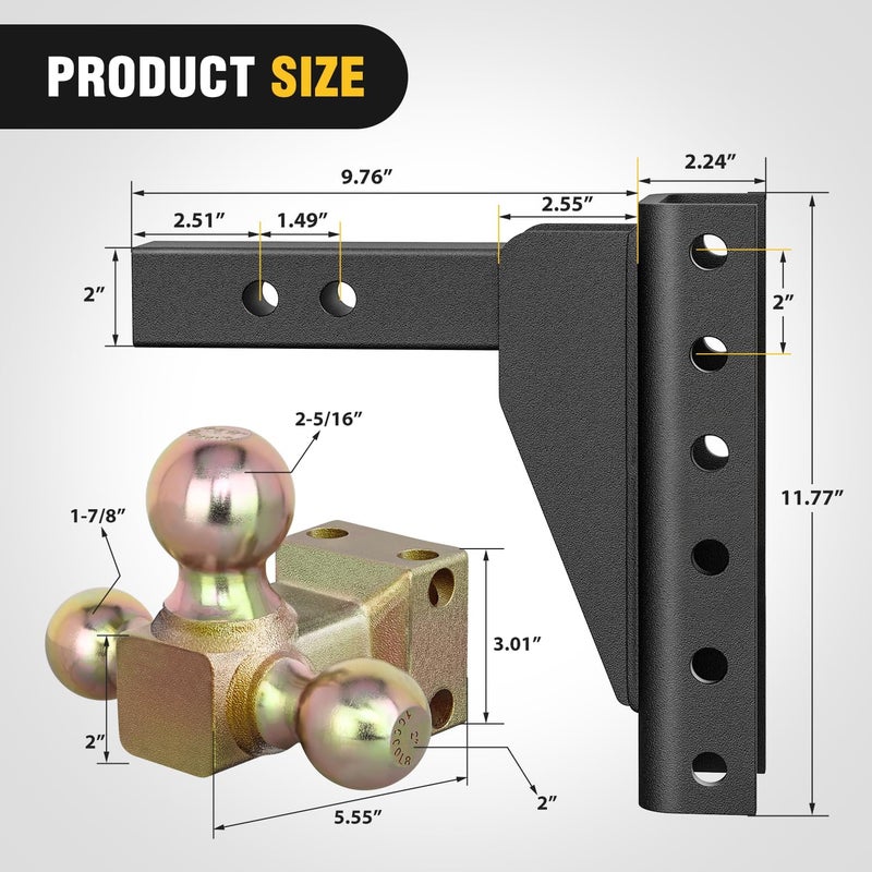 Nilight Adjustable Tri-Ball Trailer Hitch Mount 8 Inch Drop/Rise Hitch 1-7/8" 2" 2-5/16" Fits 2-Inch Receiver 15000lbs GTW for Heavy Duty Truck with Anti-Theft Pin - Image 2