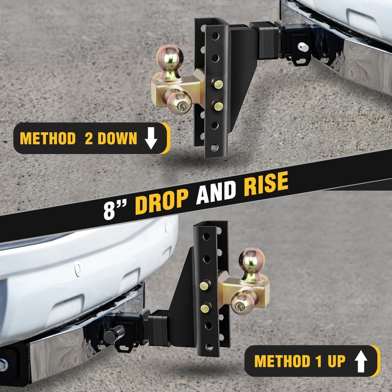 Nilight Adjustable Tri-Ball Trailer Hitch Mount 8 Inch Drop/Rise Hitch 1-7/8" 2" 2-5/16" Fits 2-Inch Receiver 15000lbs GTW for Heavy Duty Truck with Anti-Theft Pin - Image 5