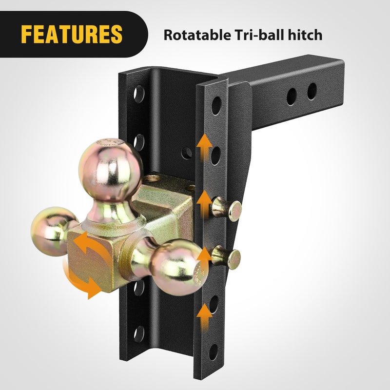 Nilight Adjustable Tri-Ball Trailer Hitch Mount 8 Inch Drop/Rise Hitch 1-7/8" 2" 2-5/16" Fits 2-Inch Receiver 15000lbs GTW for Heavy Duty Truck with Anti-Theft Pin - Image 3