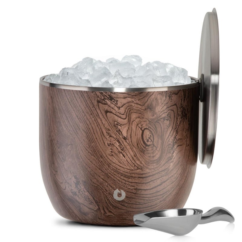 SNOWFOX XL Premium Vacuum Insulated Double Wall Stainless Steel Ice Bucket with LidScoop Bar Accessories Large Elegant Party Bucket Chill Several Bottles Beautiful Entertaining 7L Dark Walnut