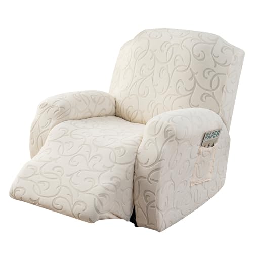YUEANG Recliner Loveseat Cover with Center Console, 2 Seater Jacquard Recliner Sofa Slipcover with Pockets Washable Stretch Reclining Couch Covers Furniture Protector with Elastic Straps (Beige) - Image 1
