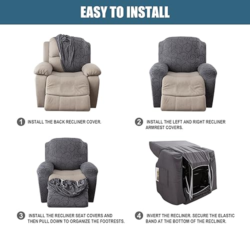 YUEANG Recliner Loveseat Cover with Center Console, 2 Seater Jacquard Recliner Sofa Slipcover with Pockets Washable Stretch Reclining Couch Covers Furniture Protector with Elastic Straps (Beige) - Image 5