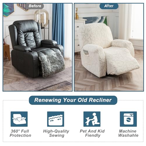 YUEANG Recliner Loveseat Cover with Center Console, 2 Seater Jacquard Recliner Sofa Slipcover with Pockets Washable Stretch Reclining Couch Covers Furniture Protector with Elastic Straps (Beige) - Image 4